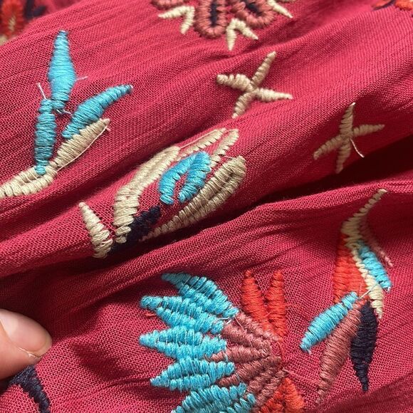 NEW Ecote Boho Floral Embroidered Long Sleeve Romper Terra Cotta Red Gauze sz M - Picture 16 of 16
